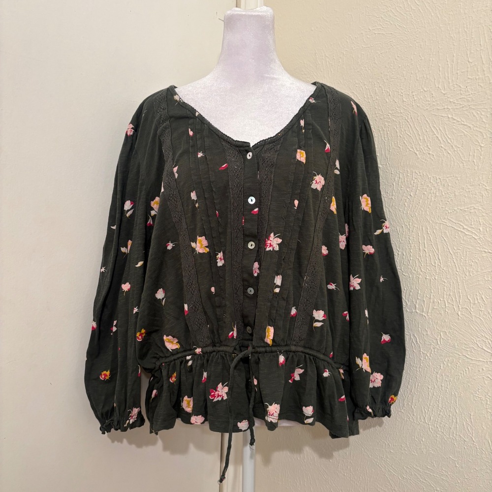 Dark Green Floral Peasant Blouse Babydoll Top Lace Trim Pintuck Tie Waist XXL